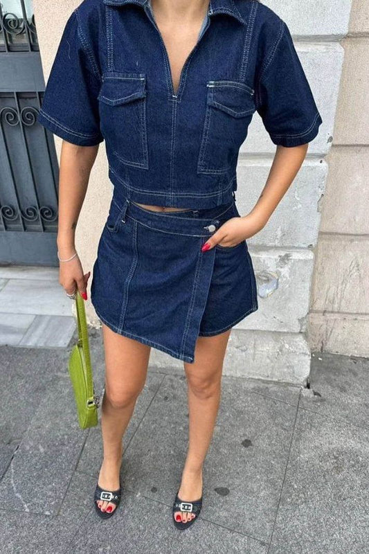 Lisa - Denim Cropped-Top & Skirt Two-Piece Set